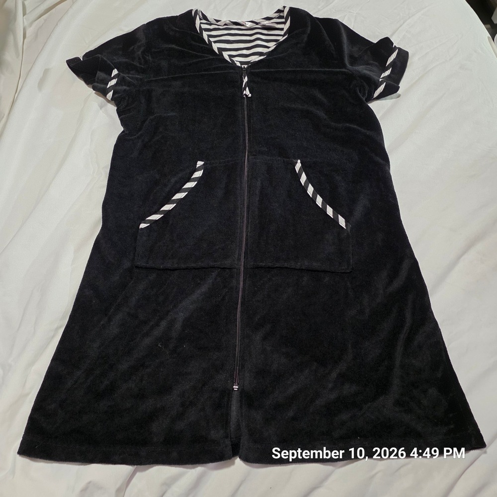 Jasmine Rose Womens Black Velour Zip Front Robe House Dress Striped Trim Medium